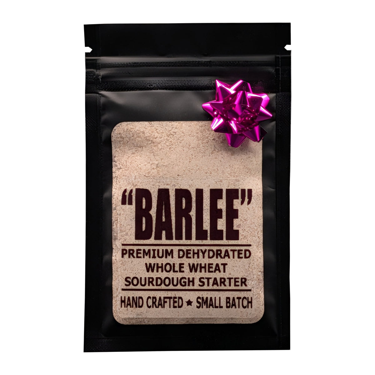 Barlee whole wheat sourdough starter pouch, front on white