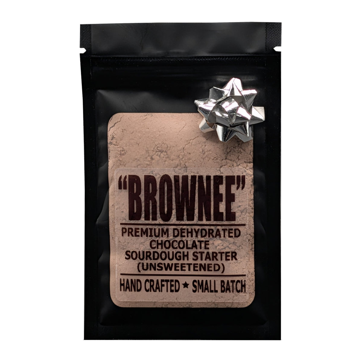 Brownee chocolate sourdough starter pouch, front on white