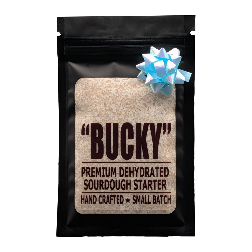 Bucky dehydrated sourdough starter pouch with a blue bow
