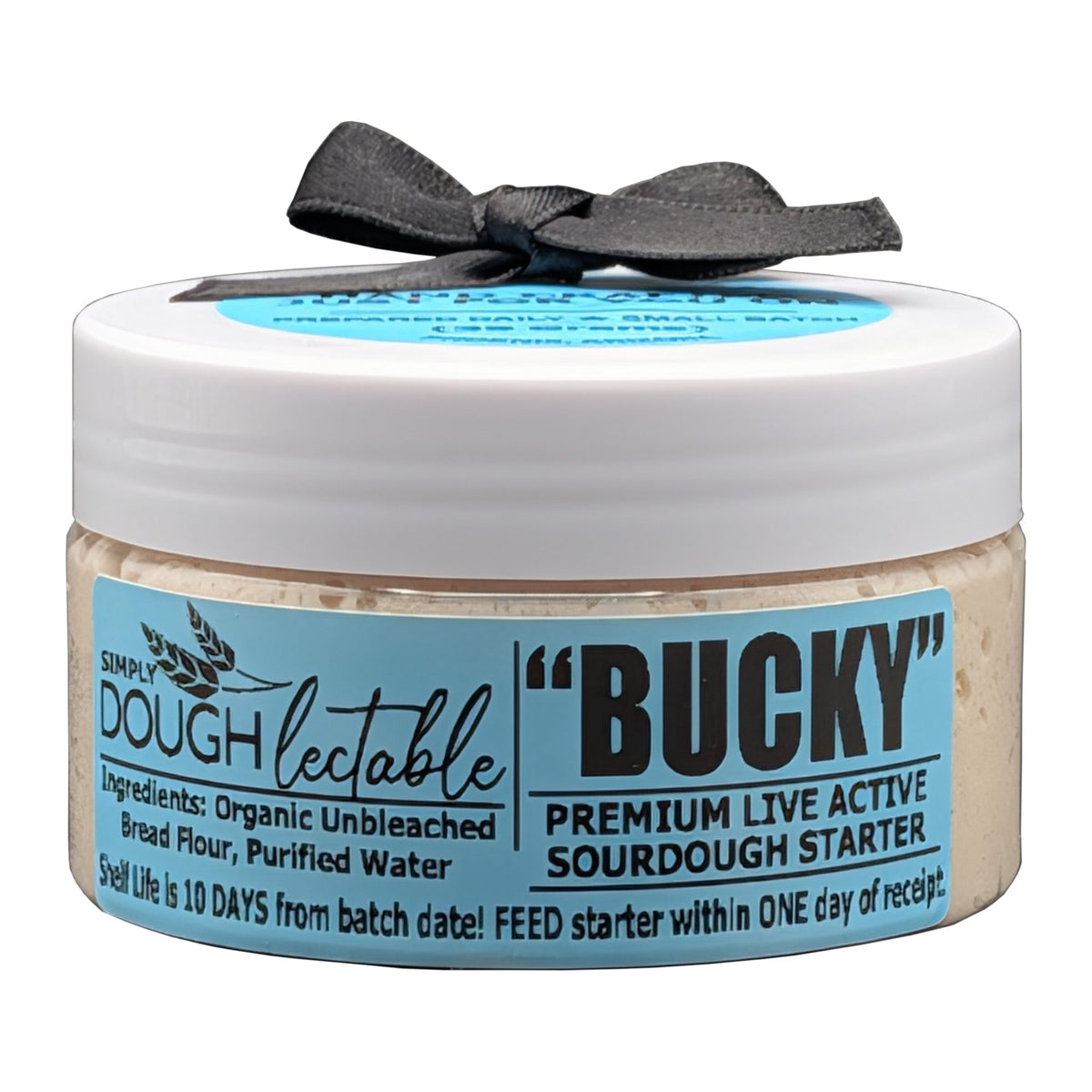 Bucky Live 35g active sourdough starter jar, front on white