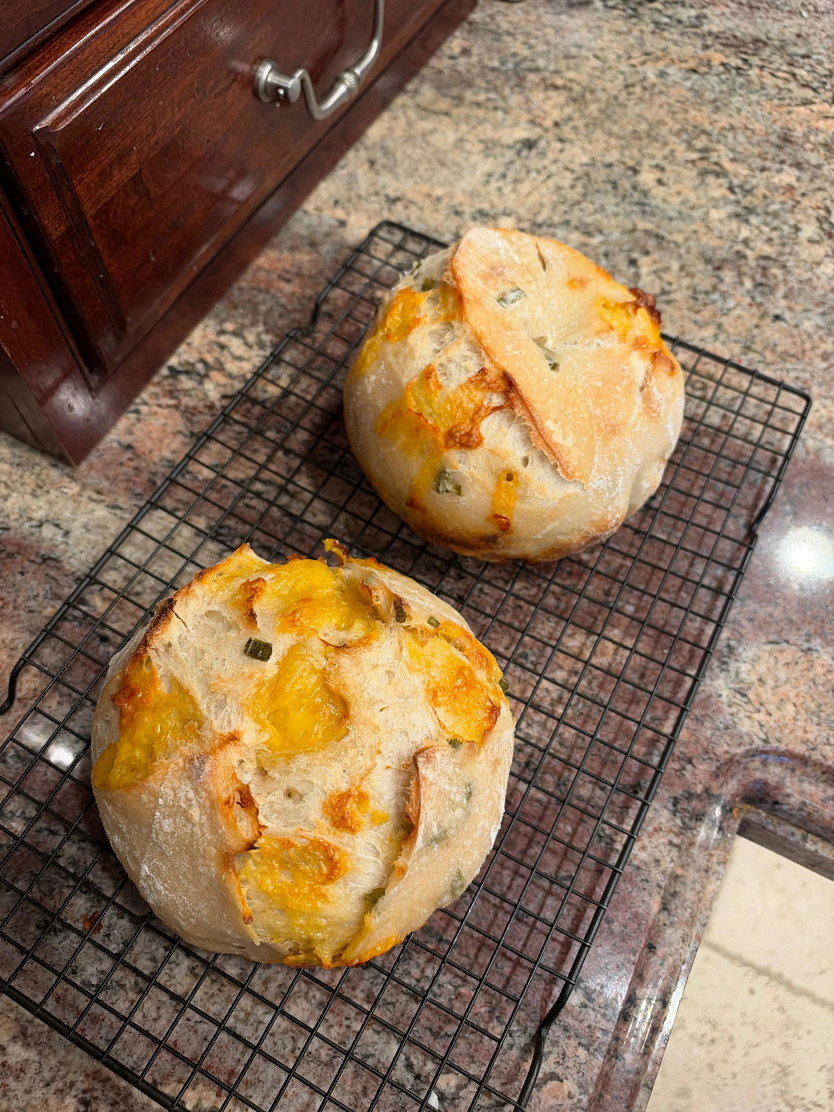 Two jalapeño cheddar sourdough loaves Stacy baked with Bucky Live, cooling on a wire rack