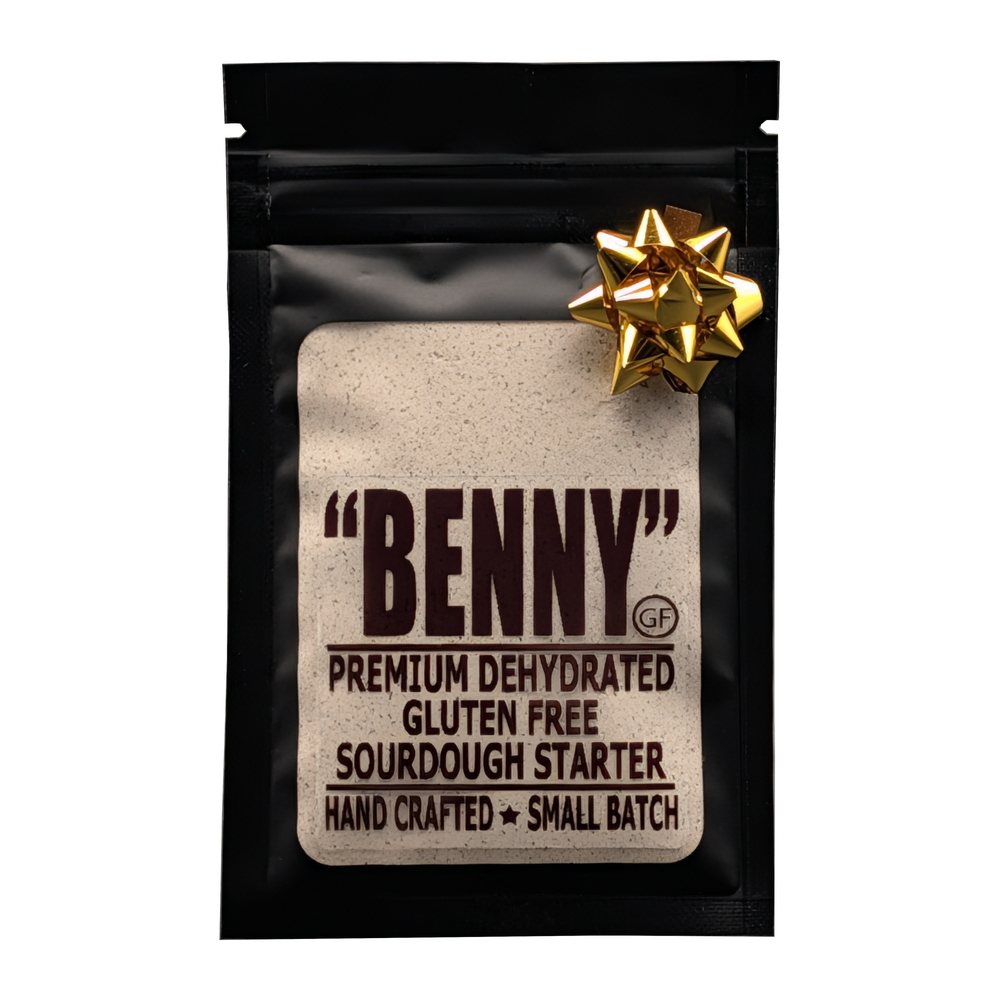Benny Gluten Free sourdough starter pouch with a gold bow
